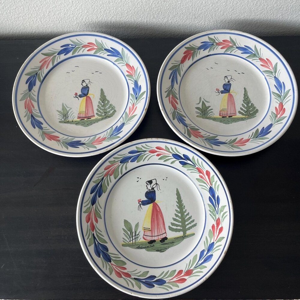 HB Quimper Handpainted Plates // Set of 3 // Breton Woman